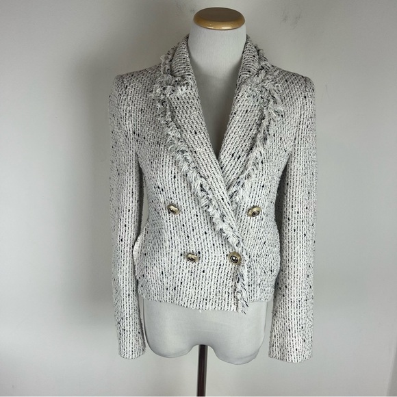 Zara Textured Double Breasted Tweed Crop Blazer size XS White - Picture 5 of 9